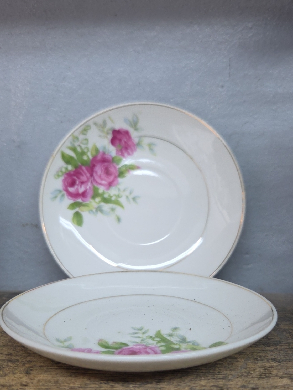Vintage White Porcelain Saucer Set with Pink Rose Floral Design